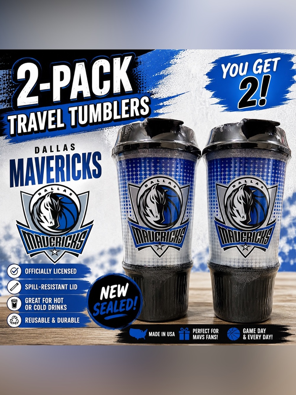 2-Officially Licensed Dallas Mavericks Whirley Travel Tumblers